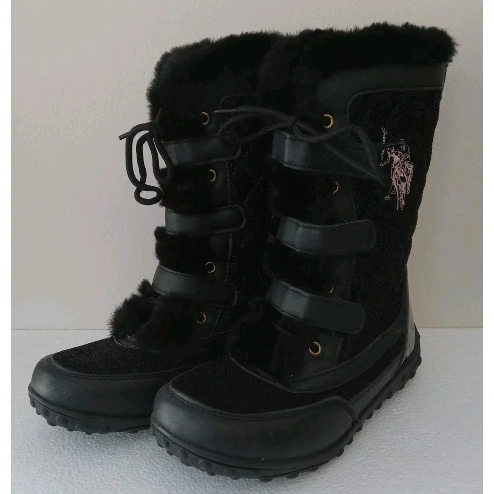 U.S. Polo Assn. Black Kids Girls Youth Winter Snow Boots Size 3Y width M